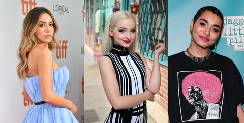 left chloe bennet on a red carpet in a blue strapless dress, center dove cameron in a black and white top and red lipstick, right yana perrault on the jagged little pill broadway red carpet wearing a black and pink graphic tee