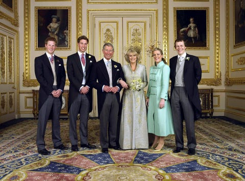 the prince of wales and his new bride camilla, duchess of cornwall, with their children l r prince harry, prince william, laura parker bowles and tom parker bowles, in the white drawing room at windsor castle saturday april 9 2005, after their wedding ceremony photo by anwar hussein collectionrotawireimage