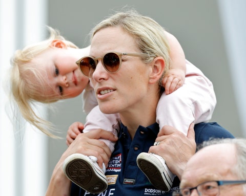 stroud, united kingdom   august 03 embargoed for publication in uk newspapers until 24 hours after create date and time zara tindall carries daughter lena tindall on her shoulders as they attend day 2 of the 2019 festival of british eventing at gatcombe park on august 3, 2019 in stroud, england photo by max mumbyindigogetty images
