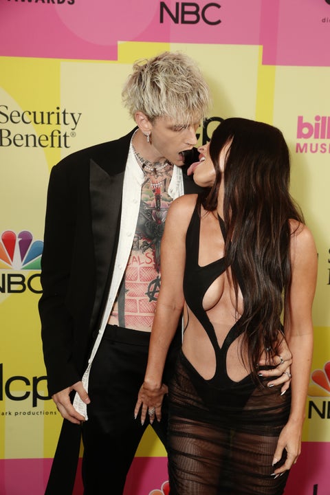 los angeles, ca   may 23  2021 billboard music awards    pictured l r machine gun kelly and megan fox arrive to the 2021 billboard music awards held at the microsoft theater on may 23, 2021 in los angeles, california     photo by todd williamsonnbcnbcu photo bank via getty images