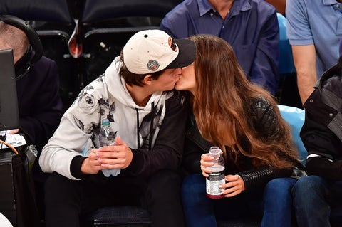 new york, ny october 08 ansel elgort and violetta komyshan attend new york knicks vs brooklyn nets preseason game at madison square garden on october 8, 2016 in new york city photo by james devaneygc images