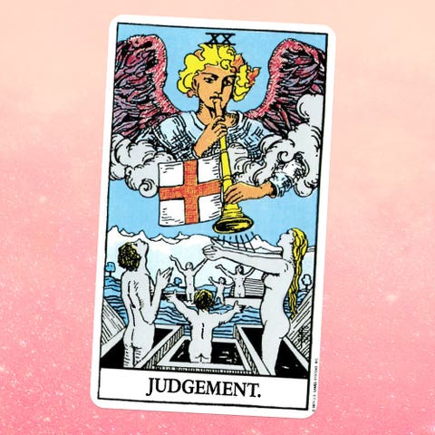 the judgement card for tarot, showing an angel blowing a trumpet and nude people rising from their graves