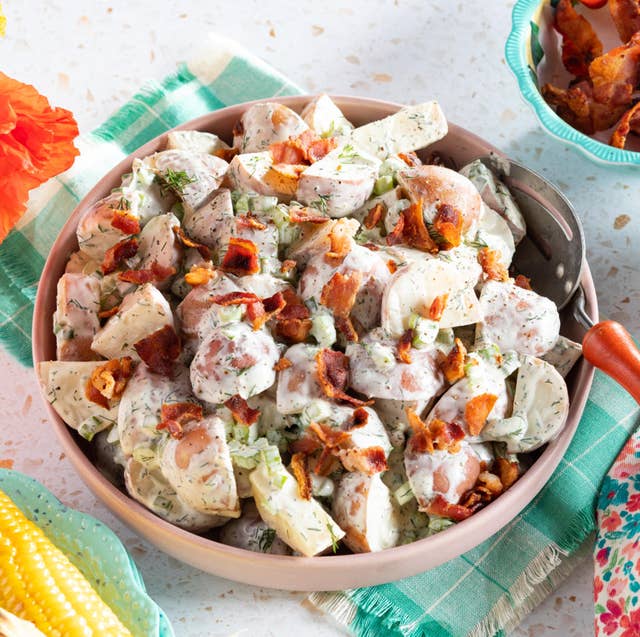 red potato salad recipe red potato salad with corn, bacon, and flowers