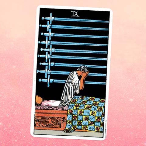 the tarot card the nine of swords   a man sits up in bed with his face in his hands, and nine swords hang on the wall next to him