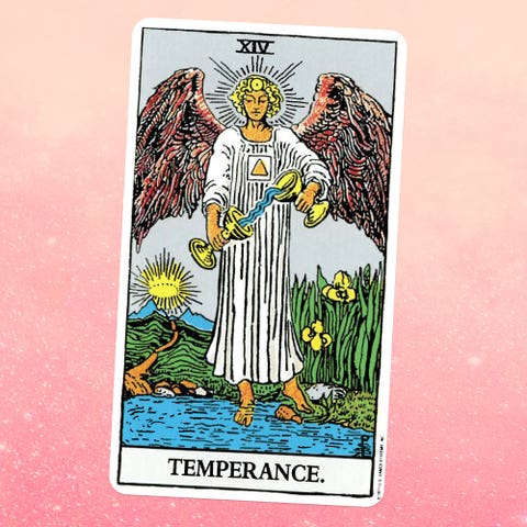 the tarot card temperance, showing an angel in a white robe pouring water from one cup into another