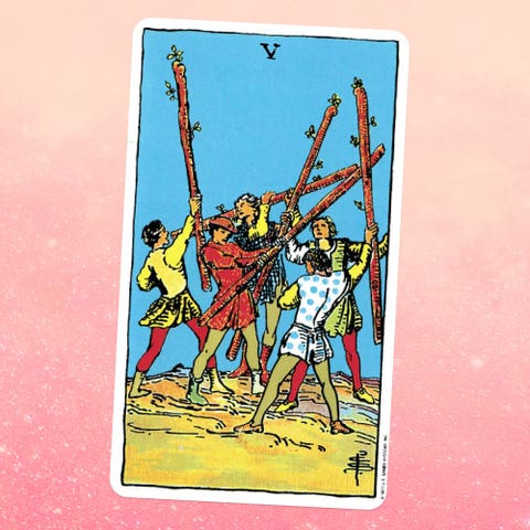 the tarot card the five of wands, showing five people holding wooden staffs, fighting with each other