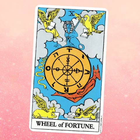 the tarot card the wheel of fortune, showing mythical animals in the sky surrounding a giant wheel