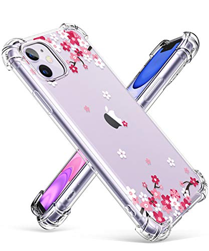 GVIEWIN iPhone 11 Case, Clear Flower Design Soft & Flexible TPU Ultra-Thin Shockproof Transparent Bumper Protective Floral Cover Case for iPhone 11 6.1 Inch 2019 (Peach Blossom/Pink)