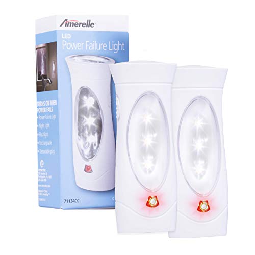 Amerelle Emergency Lights For Home by Amertac, 2 Pack – Emergency Preparedness Power Failure Light and Flashlight, Automatically Lights When the Power Fails – Portable, Rechargeable – 71134CC