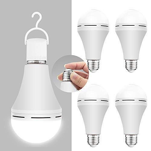 4 Pack Emergency-Rechargeable-Light-Bulb, Stay Lights Up When Power Failure, 1200mAh 6000K 15W 80W Equivalent LED Light Bulbs for Home, Camping, Tent (E27, with Hook)