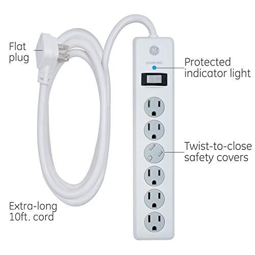 GE 6 Outlet Surge Protector, 10 Ft Extension Cord