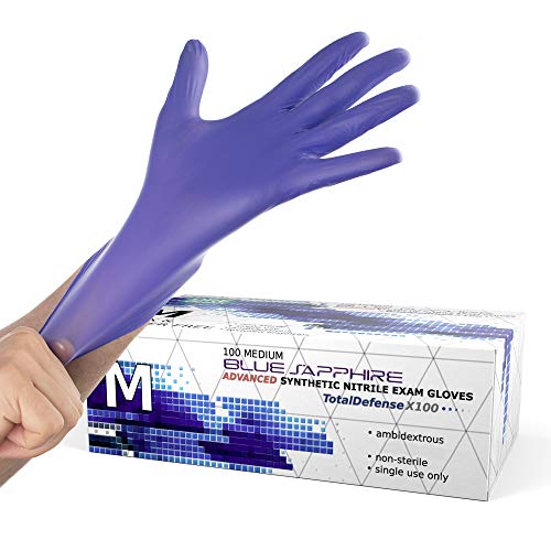 Powder Free Disposable Gloves Medium - 100 Pack - Nitrile and Vinyl Blend Material - Extra Strong, 4 Mil Thick - Latex Free, Food Safe, Blue - Medical Exam Gloves, Cleaning Gloves