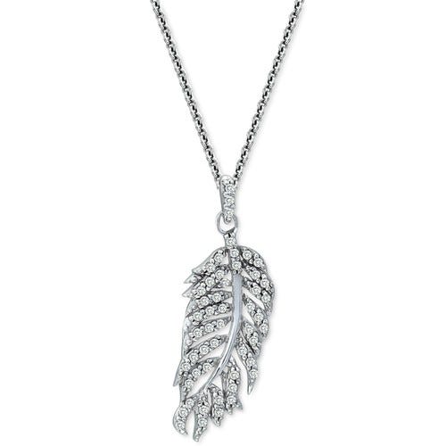 Cubic Zirconia Feather 18" Pendant Necklace in Sterling Silver, Created for Macy's