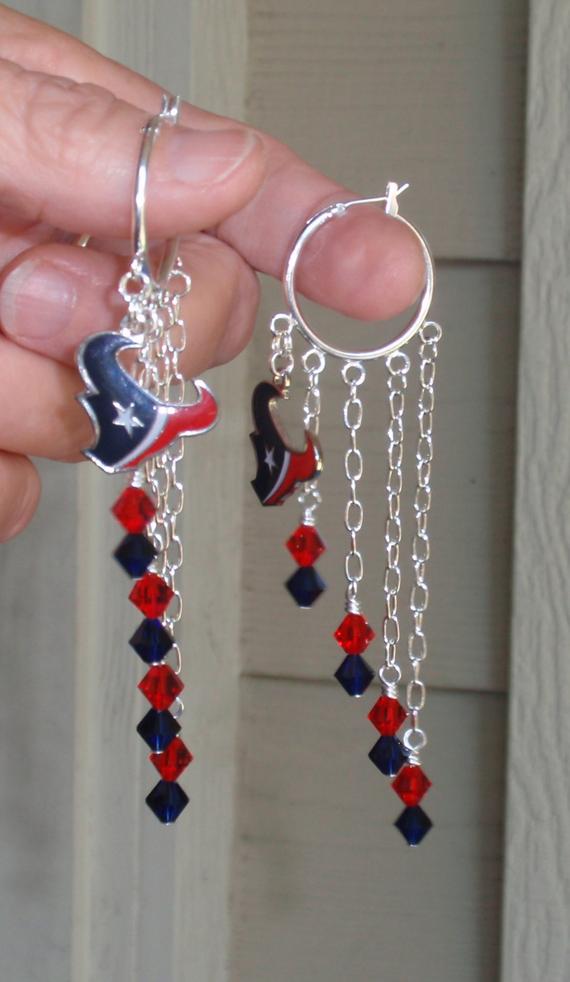 Houston Texans Red and Navy Crystal Football Team Women's Fan Long Hoop Earrings