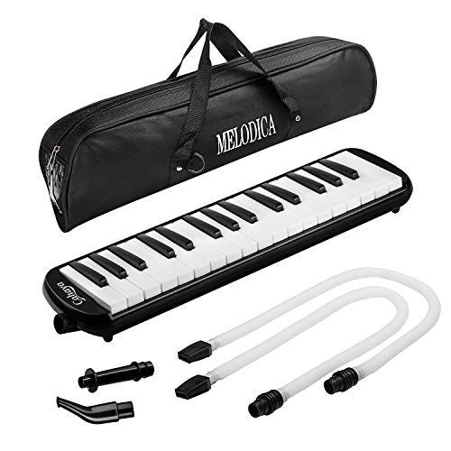 CAHAYA Melodica 2 Double Mouthpieces Tube Set Pianica Melodicas Piano Style Portable with Carrying Bag (32 Keys, Black)