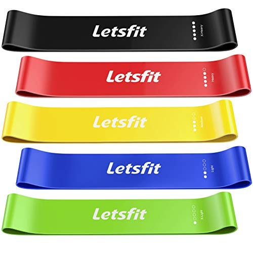 Letsfit Resistance Loop Exercise Bands with Instruction Guide and Carry Bag, Set of 5