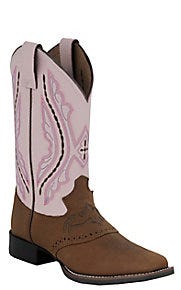 Justin Youth Bay Brown and Pink Cowhide with Saddle Vamp Punchy Toe Western Boot