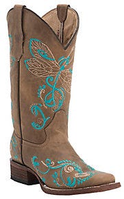Circle G by Corral Women's Tan with Turquoise Dragonfly Embroidery Square Toe Western Boots