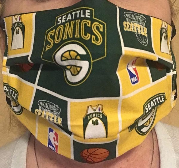 Seattle SuperSonics Face Mask, Double Layer, 100% Cotton with Adjustable Elastic Ear Straps