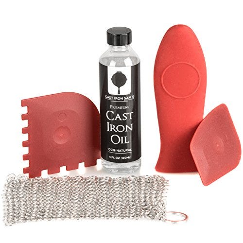 Cast Iron Cleaner and Care Kit: Seasoning Oil, Metal Chain Mail Scrubber, 2 Plastic Pan Scrapers and Silicone Hot Handle Cover - Cleaning Accessories Set to Scrub and Clean Skillet, Pot or Dutch Oven