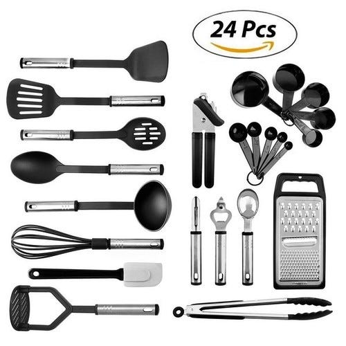 Kitchen Utensil set - 24 Nylon Stainless Steel Cooking Supplies - Non-Stick and Heat Resistant Cookware set - Cooking Utensils