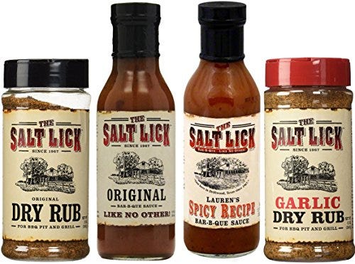 Salt Lick Favorites Assortment, one each of Original Dry Rub, Original Sauce, Spicy Sauce and Garlic Dry Rub