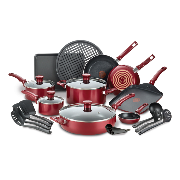 T-fal Kitchen Solutions 22-Piece Nonstick Cookware Set, Thermospot, Red