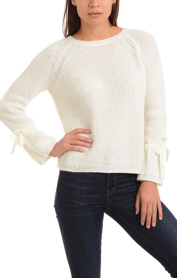 Ivory Rib Knit Sweater with Bell Sleeves