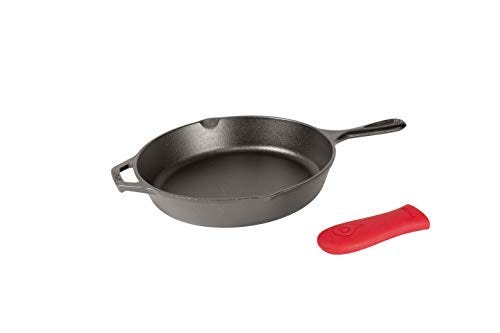 Lodge Cast Iron Skillet, Pre-Seasoned with Silicone Hot Handle Holder , 10.25 Inch Dia, Black/Red Silicone (L8SK3ASHH41B)