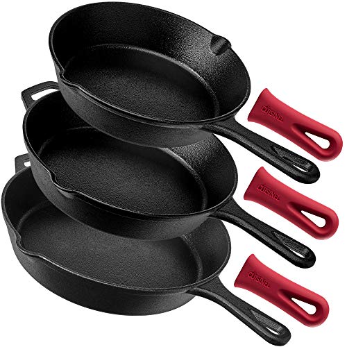 Pre-Seasoned Cast Iron Skillet 3-Piece Chef Set (8-Inch, 10-Inch, 12-Inch) Oven Safe Cookware - 3 Heat-Resistant Holders - Indoor & Outdoor Use - Grill, StoveTop, Black