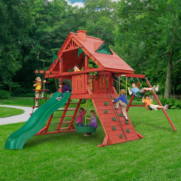 6 Backyard Playsets Your Kids Will Love, Sun Valley Ii Wooden Swing Set With Tires