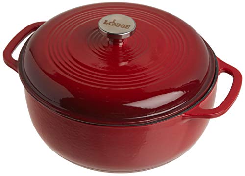 Lodge Enameled Cast Iron Dutch Oven With Stainless Steel Knob and Loop Handles, 6 Quart, Red