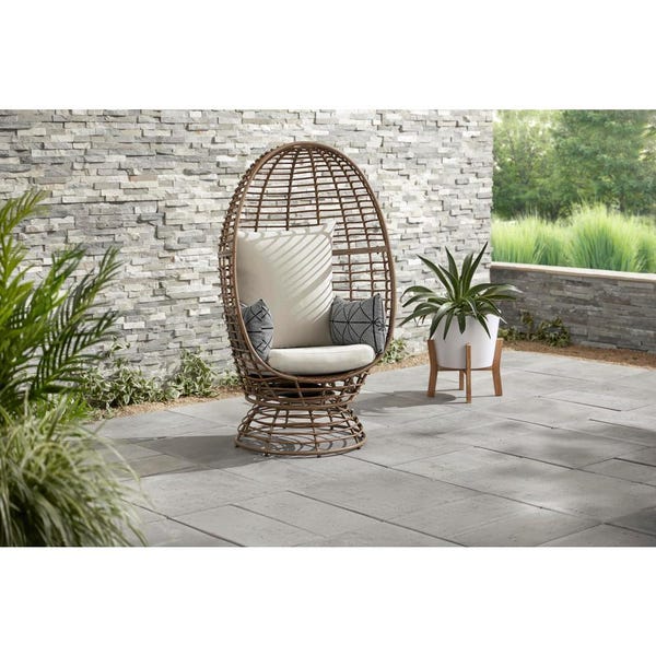 Brown Wicker Outdoor Patio Egg Lounge Chair with Beige Cushions