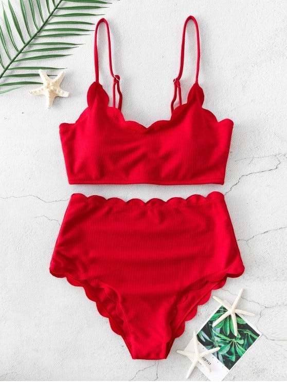 ZAFUL Textured Scalloped High Waisted Bikini Swimsuit - Lava Red S