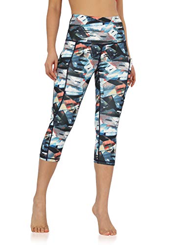 ODODOS Women's High Waisted Pattern Pocket Capri Leggings, Yoga Workout Yoga Capris, FineArt, Large