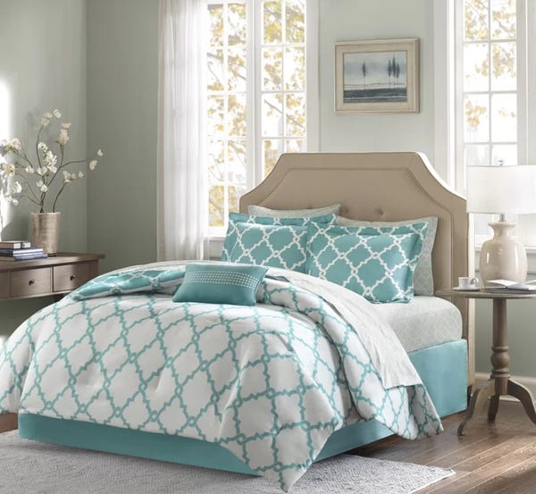 Aqua/Gray Geometric 7 Piece Bed-in-a-bag Reversible Comforter
