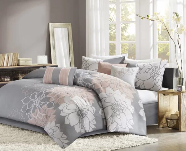 Plum and Grey Broadwell Reversible Floral Cotton Blend 7 Piece Comforter Set