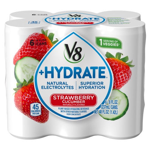 V8 +Hydrate Plant-Based Hydrating Beverage, Strawberry Cucumber, 8 oz. Can (Pack of 6)