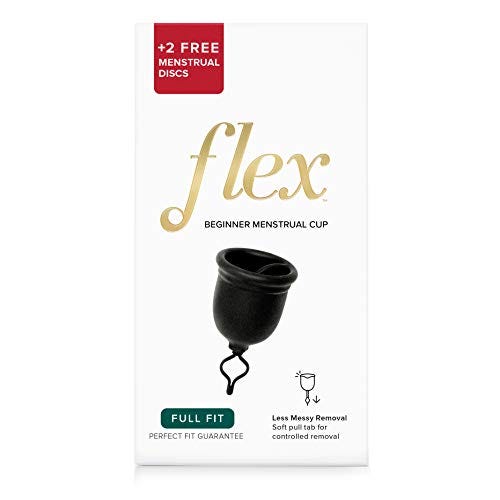 FLEX Menstrual Cup + 2 Free Menstrual Discs (Full Fit) - Reusable Period Cup & Disposable Menstrual Disc Starter Kit - Easy Removal Ring - Large Size
