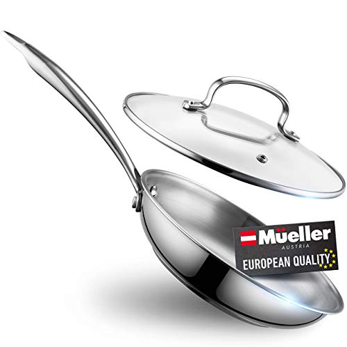 Mueller Austria DuraClad Tri-Ply Stainless Steel 8-Inch Fry Pan with Lid, Extra Strong Cookware, 3-layer Bottom, Ergonomic and EverCool Stainless Steel Handle