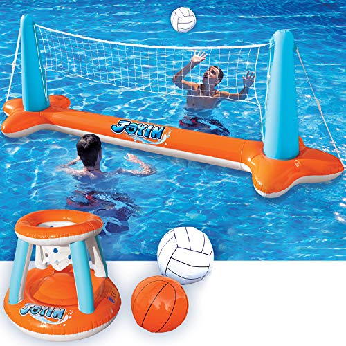 Inflatable Pool Float Set Volleyball Net & Basketball Hoops
