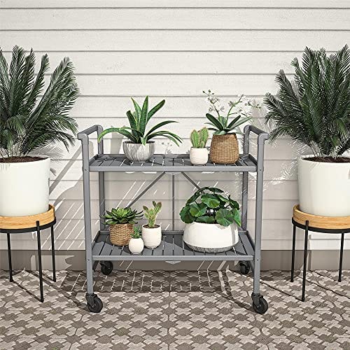 Cosco Outdoor Living Outdoor and Indoor Folding Serving Cart with Wheels and 2 Slatted Shelves, Gray