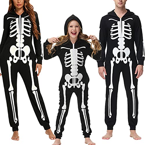 Family Matching Set One Piece Cosplay Costume Cozy Skeleton Print Zip Up 