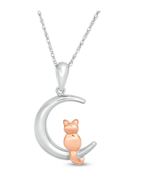 Sitting Cat on Crescent Moon Pendant in Sterling Silver and 10K Rose Gold