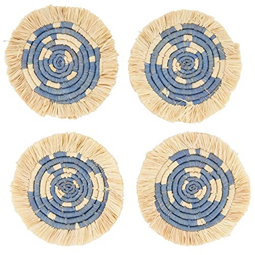 KAZI Raffia Coaster 4-Piece Set w/ Fringe