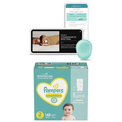 Lumi by Pampers Smart Sleep System: Automatic Sleep Tracking + Expert Sleep Coaching to Improve Your Baby’s Sleep: 1 Smart Sleep Sensor + 2 Packs of Diapers, Size 2 (296 Total Diapers)