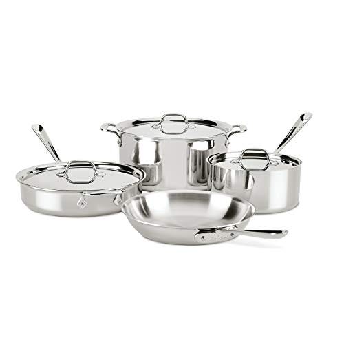 All-Clad 4007AZ D3 Stainless Steel Cookware Set, Tri-Ply Bonded, 7-Piece, Silver