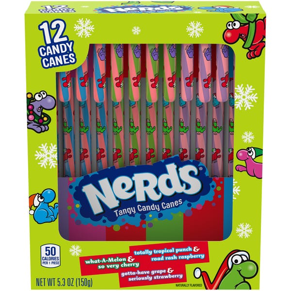 Ferrara Nerds Christmas Candy Canes, 5.3 oz, 12 Count