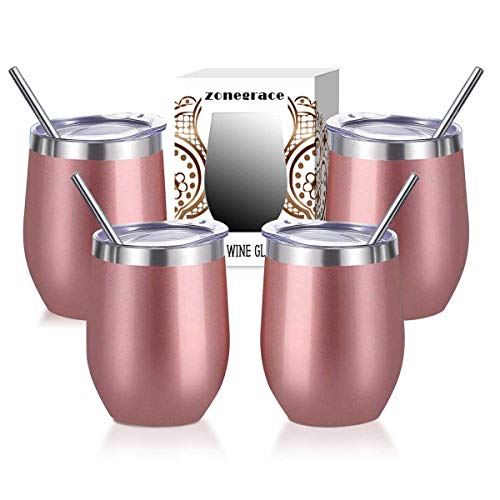 Zonegrace 4 pack Rose Gold 12 Oz Stainless Steel Stemless Wine Glass Mug