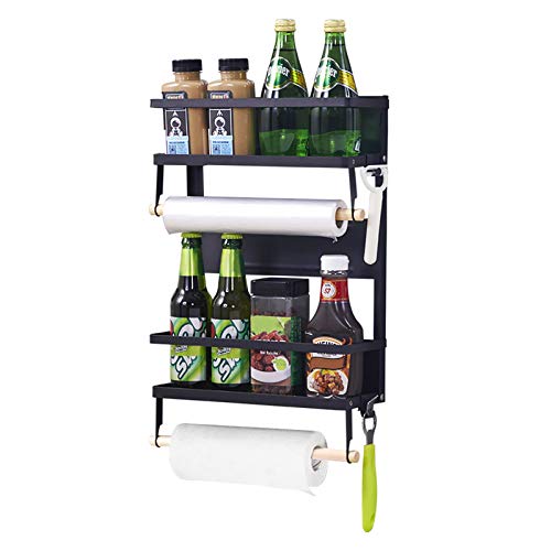 Magnetic Fridge Organizer Spice Rack with Paper Towel Holder and 5 Extra Hooks | 3 Tier Magnet Refrigerator Shelf in Kitchen Holds up to 45 LBS | 16x12x4 Inch Black